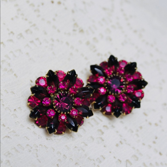 Red and pink vintage signed Judy Lee clip on gold tone earrings - Picture 4 of 12